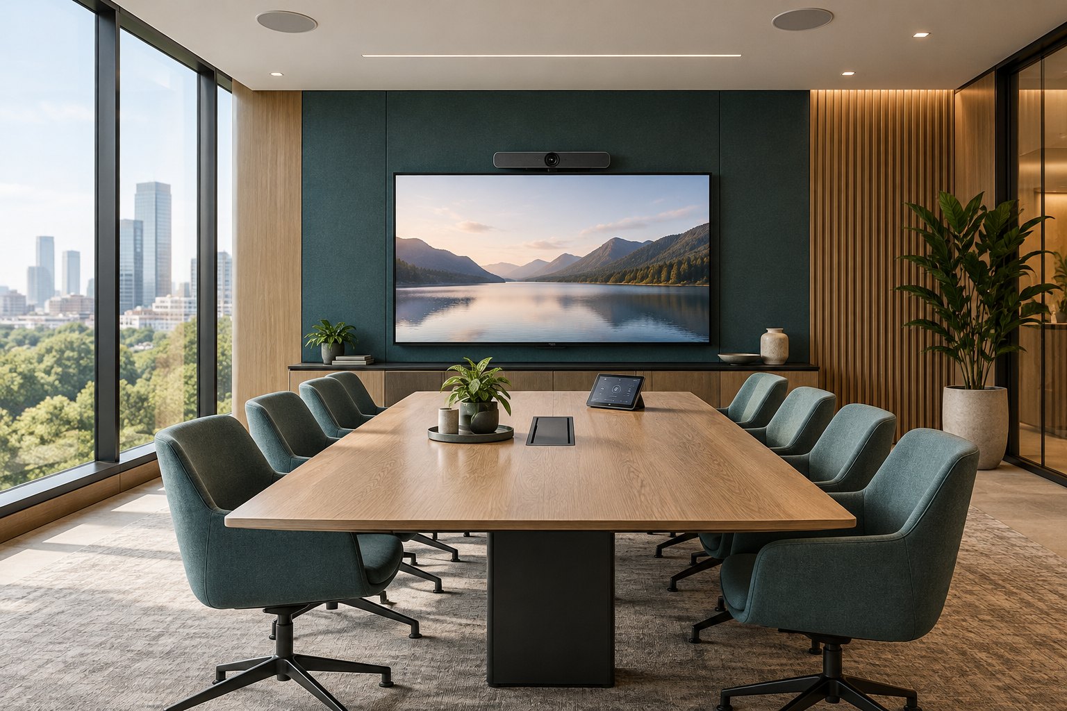 Commercial meeting room with integrated audio-visual systems