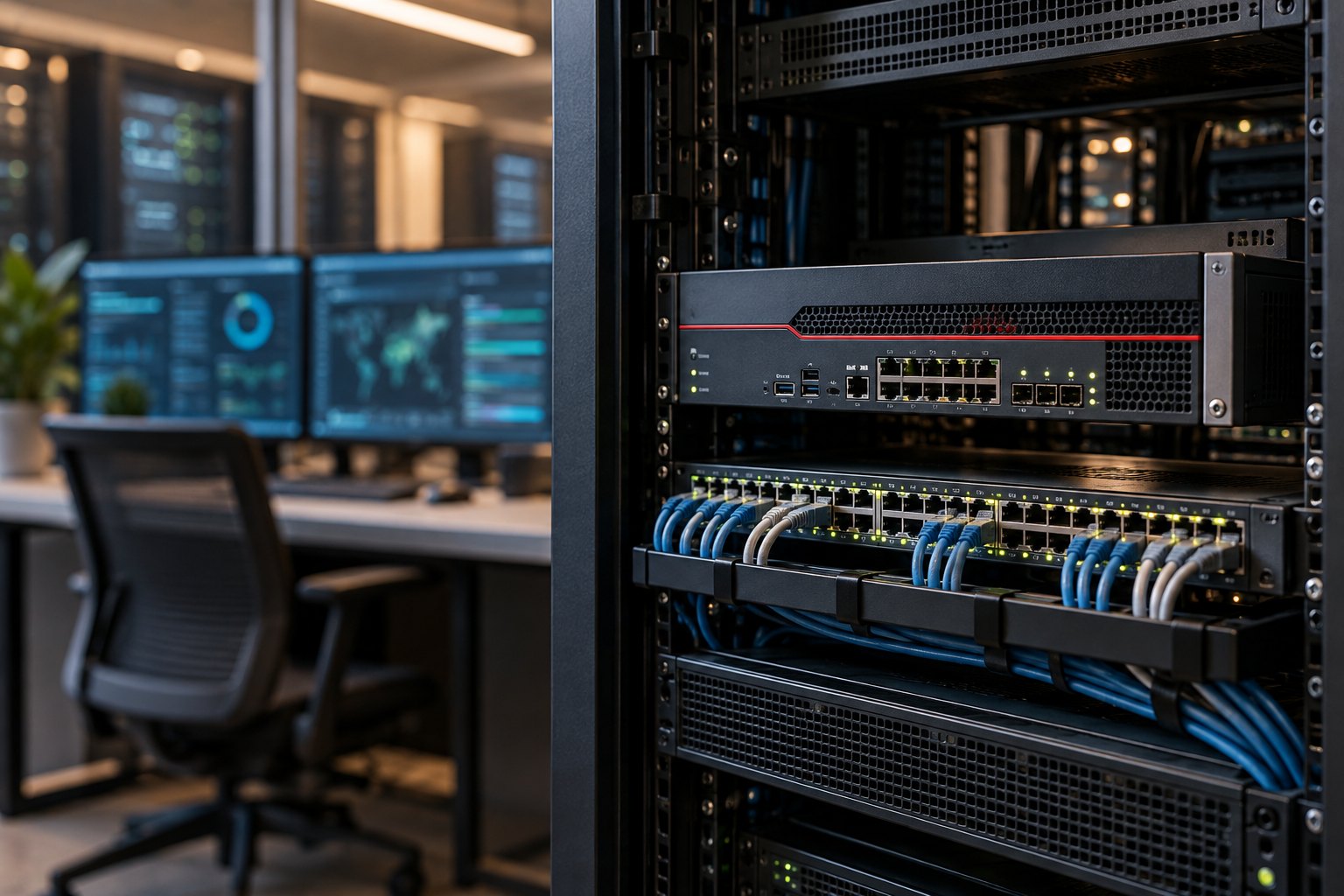 Firewall appliance and organized network infrastructure in a secure equipment rack