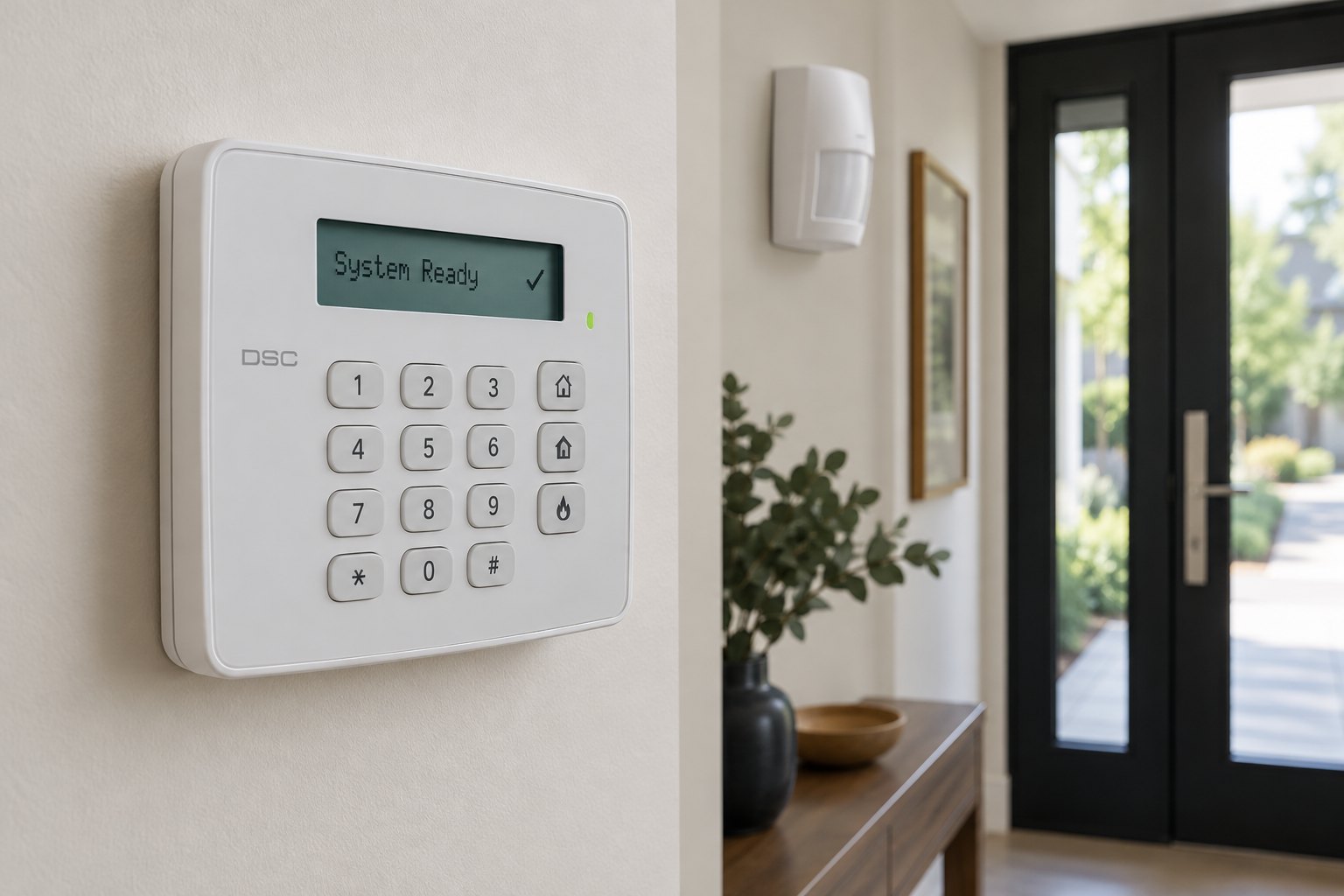 Illustrative DSC-style alarm keypad and motion detector at an entrance
