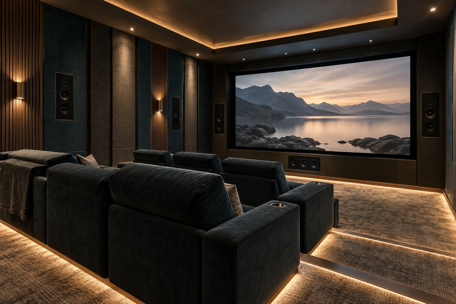 Dedicated home cinema with projection screen, acoustic wall treatments and two rows of seating