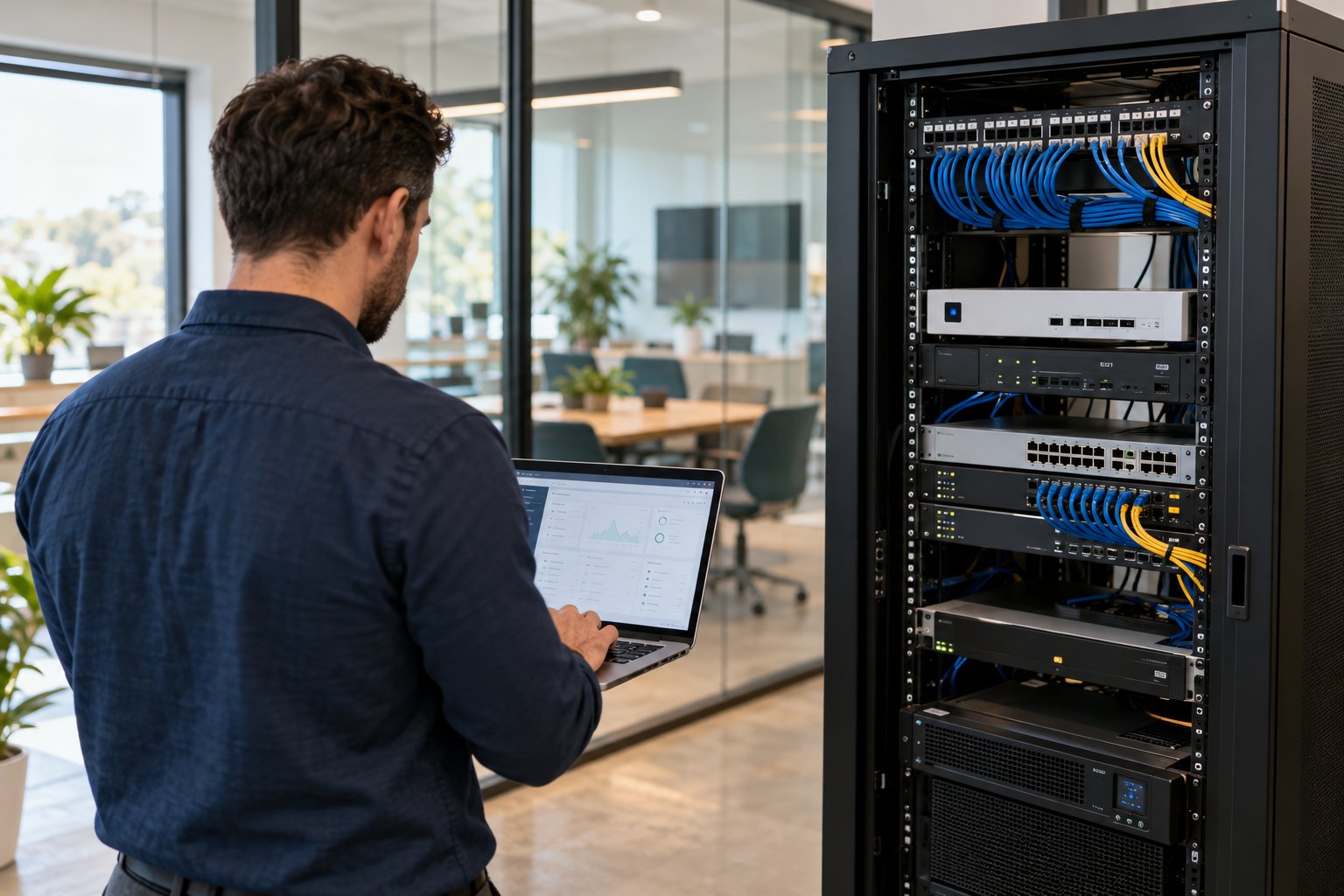 I.T. consultant reviewing business technology beside an organized network rack