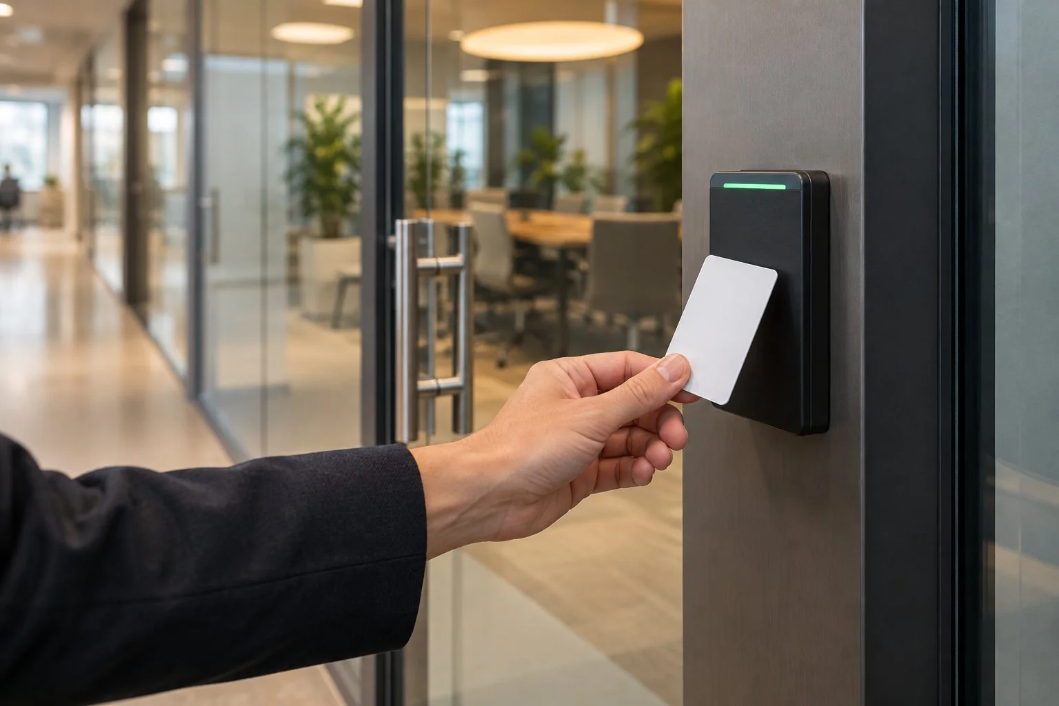 Employee presenting a credential at a commercial office door