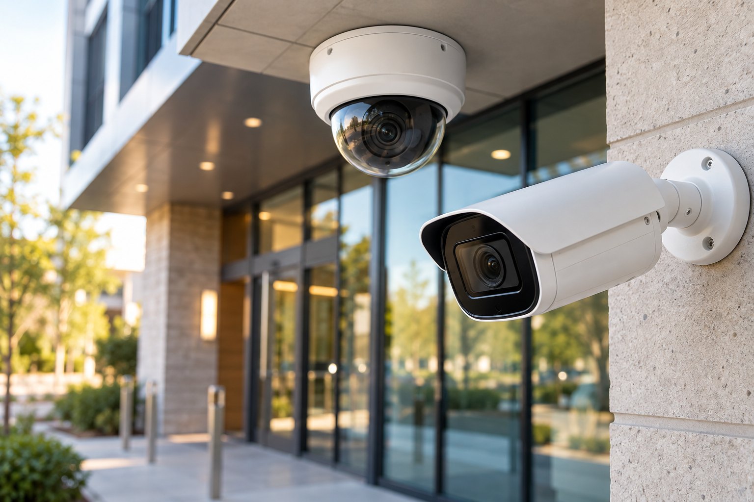 Dome and bullet IP security cameras installed at a commercial entrance